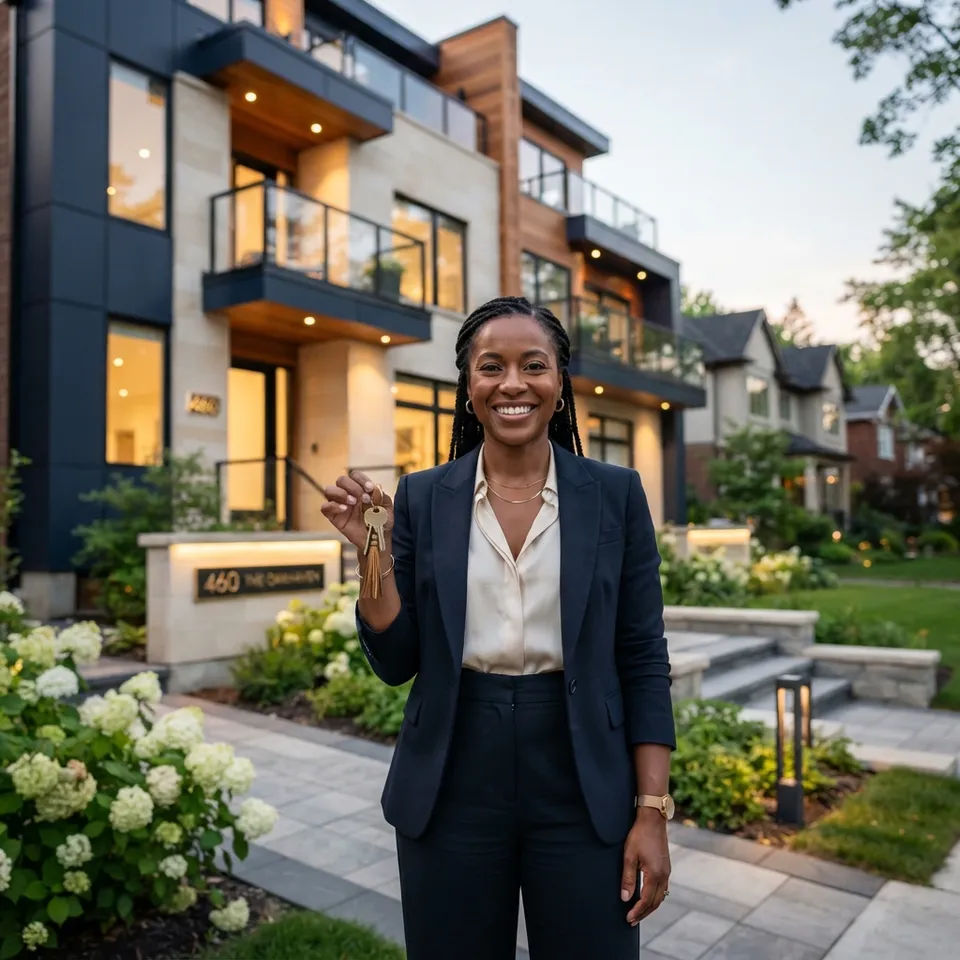 Investisseuse devant son immeuble à logements, clés en main